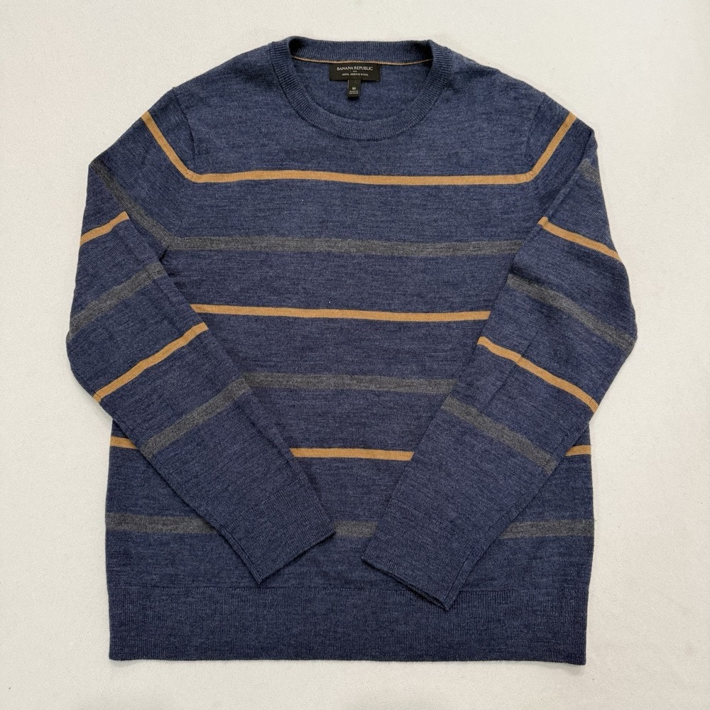 Banana Republic Men's Merino Wool Striped Sweater Blue Mustard Gold Crewneck M